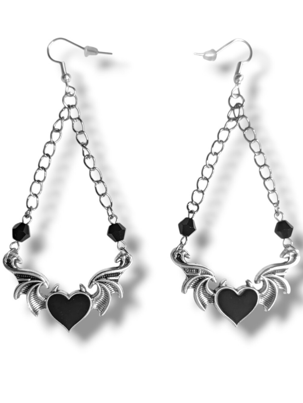 NWT Handmade Silver Winged Black Heart Black Gem Chain Top Earrings